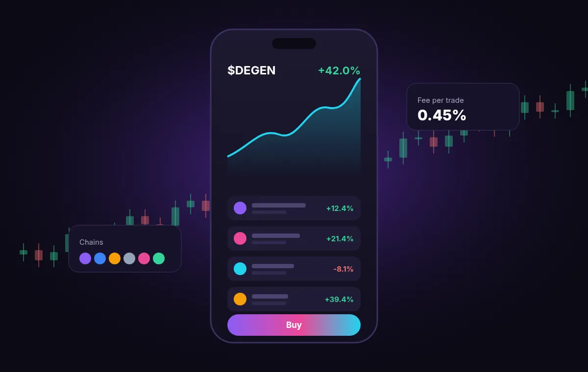 Illustration of a memecoin trading app on a phone with price chart and trade feed
